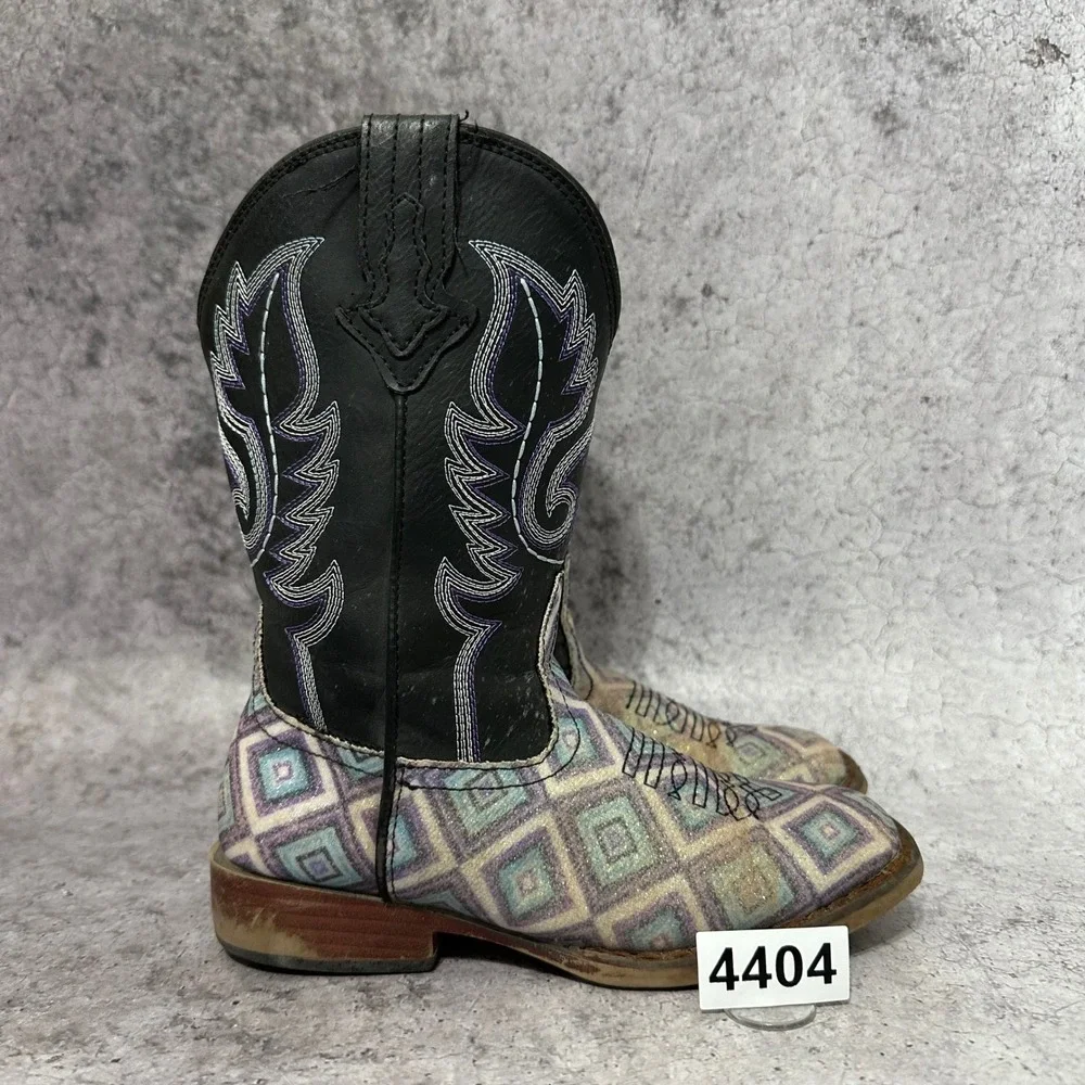 Roper Cowboy Boots Kids Size 13 Black Geometric Glitter Western Square Toe 4404